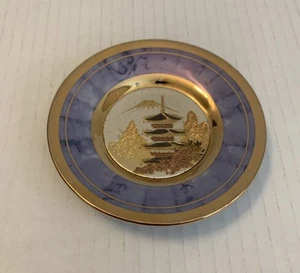 Vintage 4” Art Of Chokin Japanese Plate Decorative 24K Gold Edged Blue Small - Picture 1 of 5