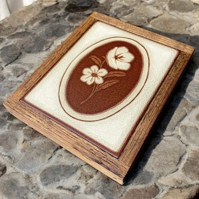 MCM Floral Tile Wood Framed Trivet Made In The USA Large Heavy VTG Wall Art - Image 1 of 4