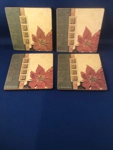 Set of 4 Cork Back 4” Coasters 2003 Pela -Concept NOEL Poinsettia Print EUC - Picture 1 of 5