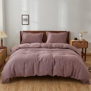 3 Pcs Luxury Linen Duvet Cover, Solid Boho Bedding Comforter With 2 Pillowsams - Picture 1 of 29