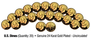 UNCIRCULATED 24K GOLD PLATED U.S. MINT DIMES (Lot of 20) - Picture 1 of 2