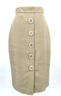 NEW $328 Elie Tahari Womens 4  Estelle skirt Big Button Front Pencil Beige linen - Image 1 of 4