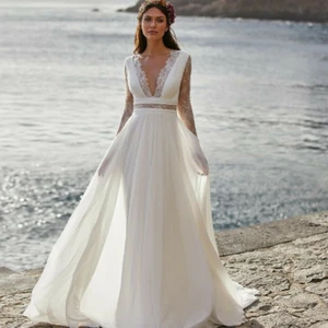 2022 Bohemian Wedding Dress Long Sleeve V-Neck Floor Length Chiffon Bride Dress - Picture 1 of 7