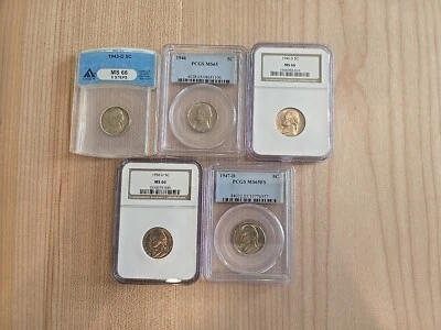 5 Graded Jefferson Nickel Lot: Estate Coin Collection Find.  PCGS NGC MS66 Steps - Image 1 of 4