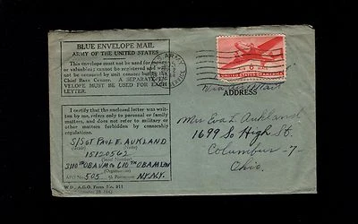WWII Blue Envelope Mail APO 505 England Air Mail 1944 Cover & Letter 8q - Image 1 of 3