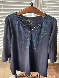 Top Catherines para mujer 3X Plus manga 3/4 cuello en V azul marino Burnout Henley algodón - Imagen 1 de 6