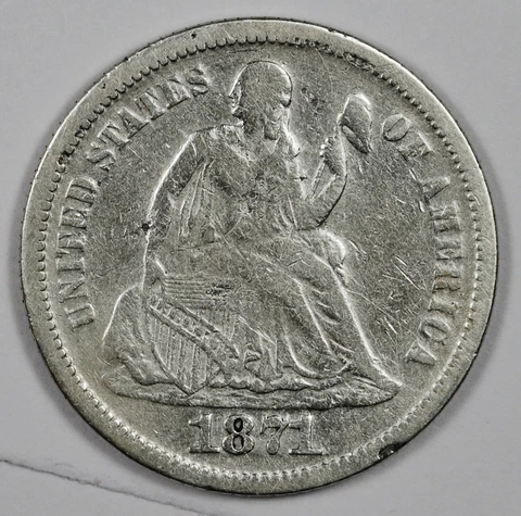 1871 Seated Liberty Dime.  VF.  185446 Cover