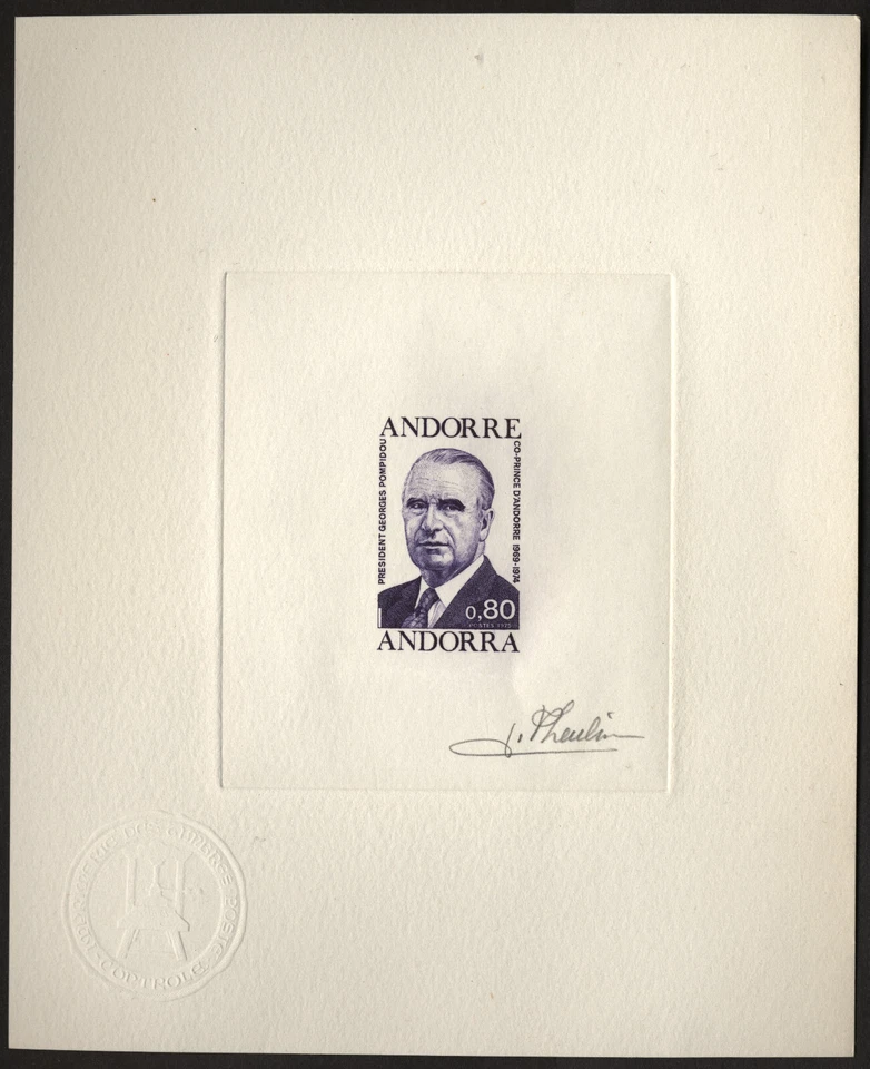 Prueba de artista firmada por el presidente Pompidou de Andorra francesa Scott 242. Muy escaso Foto 1 de 1