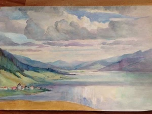 Watercolor late '800 early '900 picturesque view of the lake village mountains - Picture 1 of 1