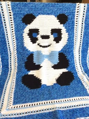 "Manta panda tejida azul hecha a mano 31""x 110""" Foto 1 de 4