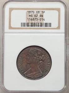 GREAT BRITAIN VICTORIA 1870 PENNY, UNCIRCULATED, NGC CERTIFIED MS62-BN - Picture 1 of 2