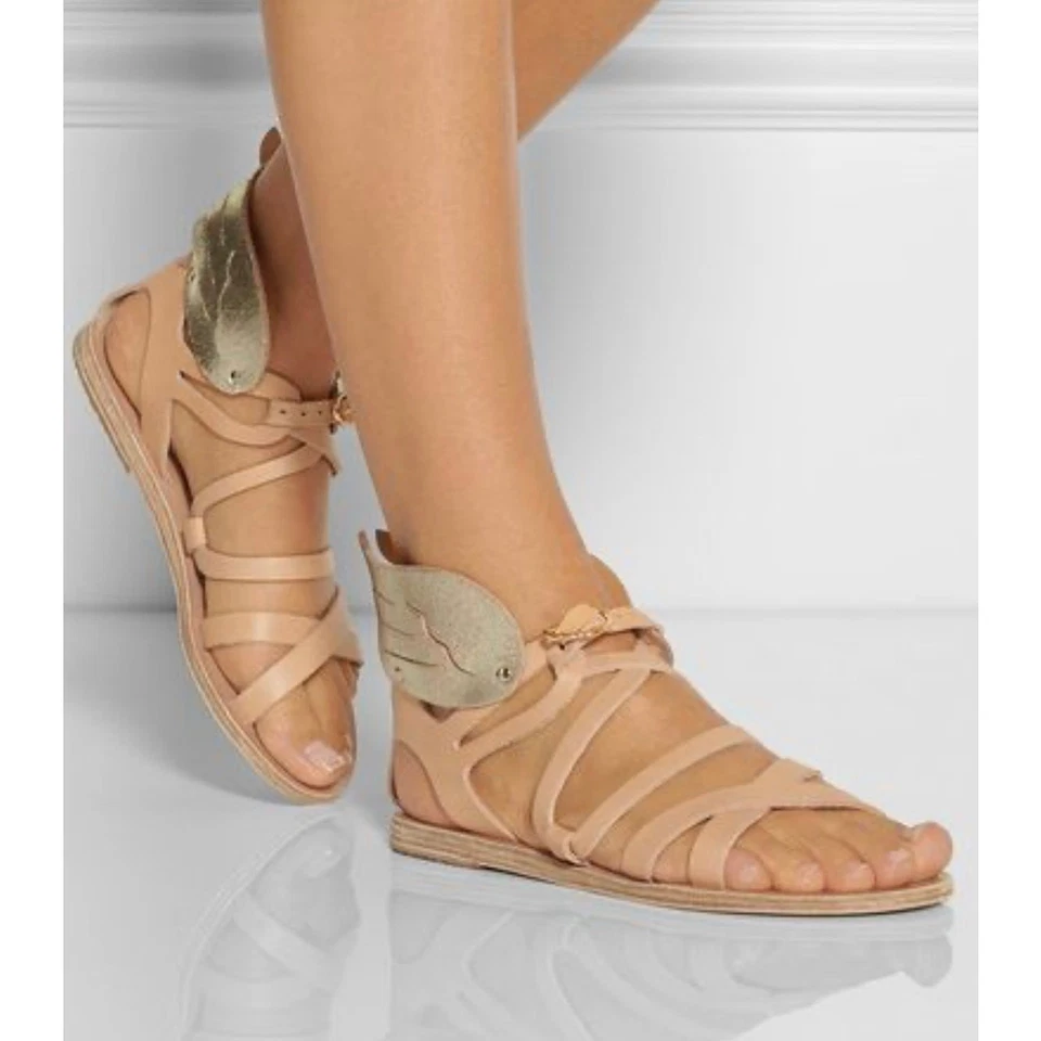 Ancient Greek Nephele Wing Leather Flats Sandals Gold Tan Platinum 41 Size 11 - Image 1 of 4