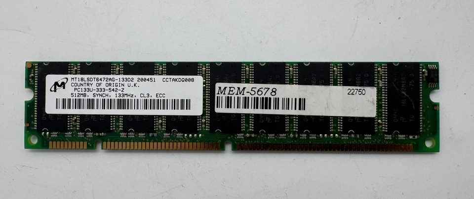 MEMORY, MT18LSDT6472AG-133D2 200451 CCTAKDQ008 PC133U-333-542-Z 512MB,SYNCH,133 - Image 1 of 1