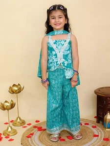 Kids Girls Party Wear Dress Floral Printed Girls Co-Ords Top Bottom Dupatta Set - Picture 1 of 18