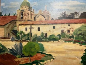 Original Old Antique Oil Painting Southwestern Landscape Spanish Mission Church - Picture 1 of 24
