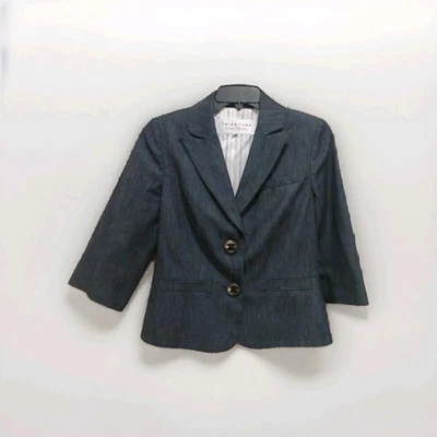 Куртка блейзер Trina Turk цвет шамбре из хлопковой смеси синий рукав 3/4 с подкладкой размер 8 б/у в отличном состоянии - Изображение 1 из 4