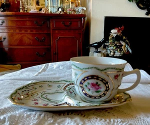 Nantucket Home blau, rosa Rosen Porzellan Teetasse und Snack oder Mittagessen Teller Set - Bild 1 von 6
