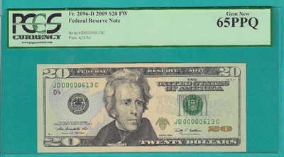 2009 $20 Low Serial Number/Birthday Serial Number 00000613 June 13th PCGS 65PPQ - Image 1 of 2