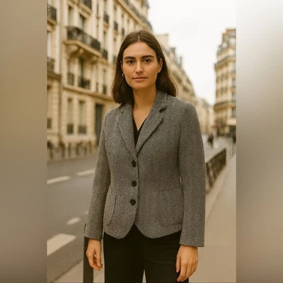 Blazer J Crew Herringbone lã tweed slim academia preto branco lindo clássico M - Imagem 1 de 4