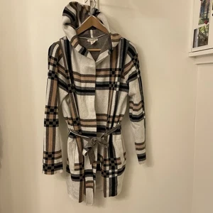 Christian Siriano NY karierte Strickjacke mit Kapuze, Gürtel und Taschen, L - Bild 1 von 10