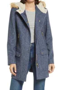 NWOT $250 Sam Edelman Hooded Wool Duffle Coat Faux Fur Trim M - Picture 1 of 4