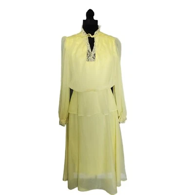 Vestido de fiesta vintage años 70 cuello de encaje transparente amarillo de gasa discoteca de ensueño Foto 1 de 4