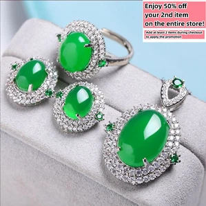 Juego de pendientes/anillo/collar colgante de joyería de jade verde enchapado en oro 18K - Imagen 1 de 6