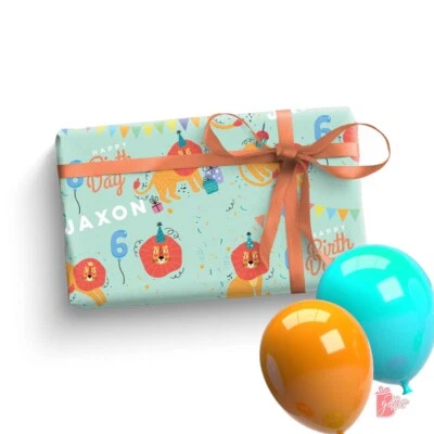 Name Personalized Gift Wrapping Paper w/ African Lion Safari Birthday Gift Wrap - Image 1 of 4