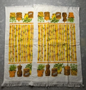 vintage Kitchen Hand TOWEL 1970s Bamboo Spices Fringed Yellow Orange LOT/2 NEW - Picture 1 of 12