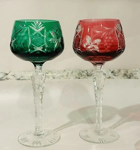 Two Bohemian Crystal Hock Wine Glass Set Cranberry Red Emerald Green, 8” - Picture 1 of 10