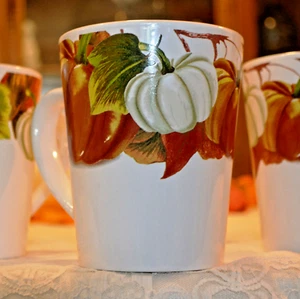 Set of 2 (TWO) Royal Norfolk Thanksgiving Pumpkin Mugs Holiday Stoneware Cups - Picture 1 of 12
