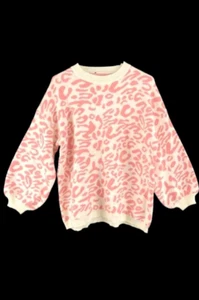 Vintage Women's XL Pink White Animal Print Knit Sweater Long Sleeves - Picture 1 of 5