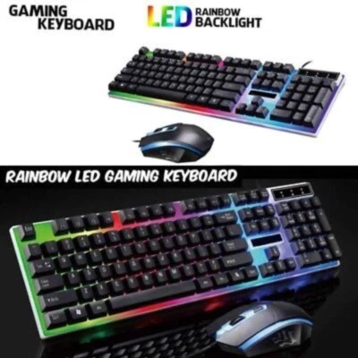 Ergonomic Wired Gaming Keyboard & Mouse Set for PC Laptop Rainbow Backlight - Image 1 of 4
