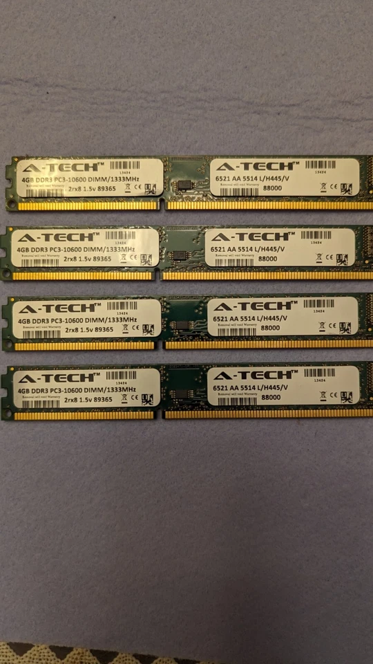 A-Tech 16GB (4x4GB) DDR3 PC3-10600 DIMM/1333MHz 6521 AA 5514 L/H445/V - Image 1 of 1