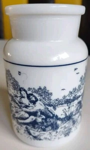 VASO FARMACIA VETRO LATTE BIANCO con OPERA D'ARTE BLU, MADE IN BELGIUM, VINTAGE   - Foto 1 di 7