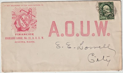 Augusta Maine red illust advt  A.O.U.W. Financier Highland Lodge #25 (h238) - Image 1 of 2