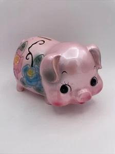 Vtg 1960s Mod Glossy Flirty Piggy Pig Bank Plaster Ceramic Kitsch Flowers Japan - Picture 1 of 9