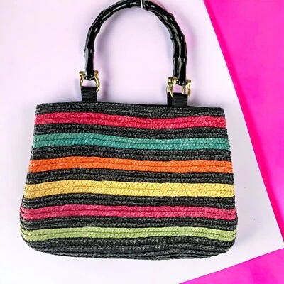 MAGID Multi Color Striped Wheat Straw Top Double Wooden Handle/Satchel  NWT - Image 1 of 4