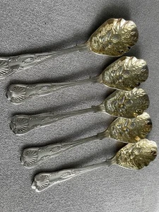 5 Vintage KING WILLIAM ADAMS Silver Gold Wash Fruit Spoons WA Sheffield England - Picture 1 of 5