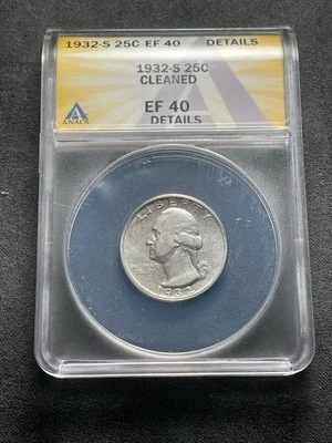 1932-S 25C Washington Quarter Silver ANACS EF40 XF40 Details Cleaned Key Date - Image 1 of 4