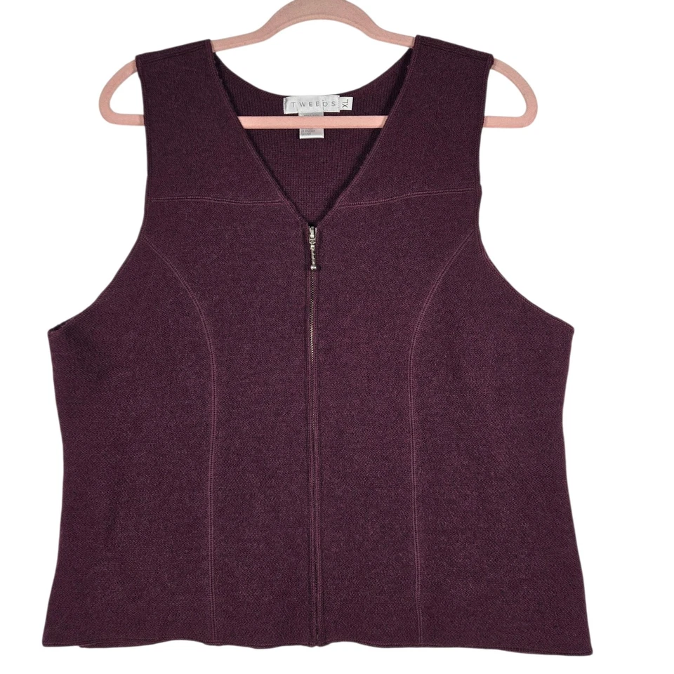 Chaleco Suéter Tweeds Mujer XLarge Púrpura 100% Lana Cremallera Frontal Cuello en V Sin Mangas Foto 1 de 4