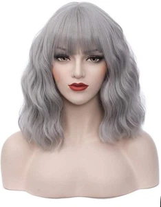 Short Bob Wavy Curly Wig Silver Air Bangs Wig For Women 16 inches - Picture 1 of 6
