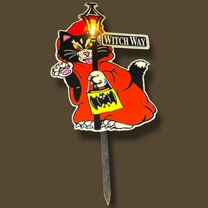 Letrero de jardín vintage años 90 Halloween gato negro murciélago bruja camino decoración poste de lámpara probado - Imagen 1 de 9