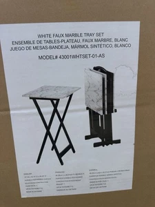 Set of 4 TV Tray Snack Table W/ Stand Wood Folding Portable Desk Faux Marble Top - Picture 1 of 2