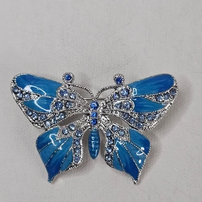 Silver Tone Metal Butterfly Brooch Blue Rhinestone Enameled Unmarked Jewelry Pin - Image 1 of 4