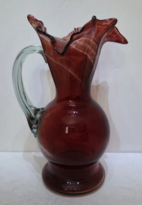 Vintage Cranberry Glass Pitcher With Ruffled Edge - Image 1 of 4