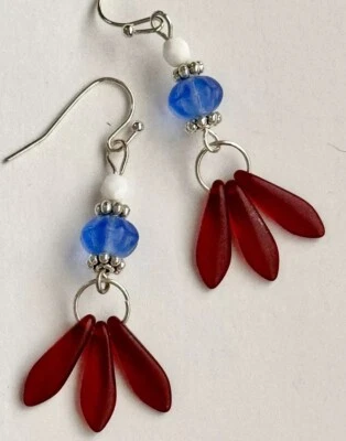 Etched Silver with Red, White and Blue Frosted Glass Bead Earrings. - Image 1 of 3