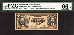 Mexico - Revolutionary Currency 25 Centavos 1915 Pick-S1041 GEM UNC PMG 66 EPQ - Picture 1 of 2