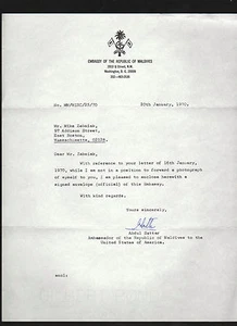 SIGNIERTER 1970 Brief des Malediven Botschafters Abdul Sattar Moosa Didi * Indischer Ozean - Bild 1 von 1