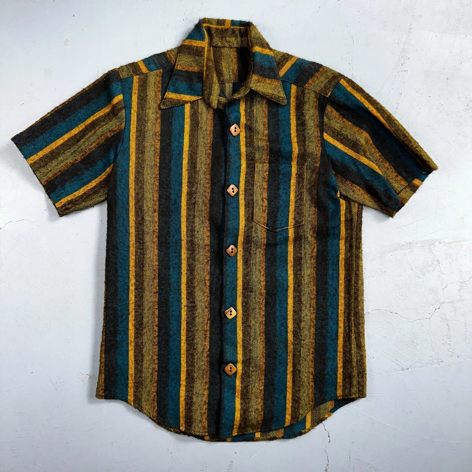Camisa anos 1960 lã manga curta listrada madeira botão para baixo anos 60 anos 70 Rockabilly - Imagem 1 de 4